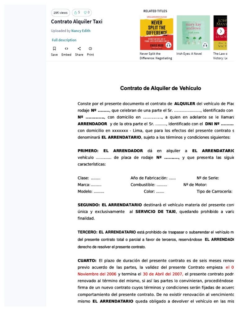 Modelo de Contrato de Alquiler Taxi | PDF | Vehículos terrestres | Coche