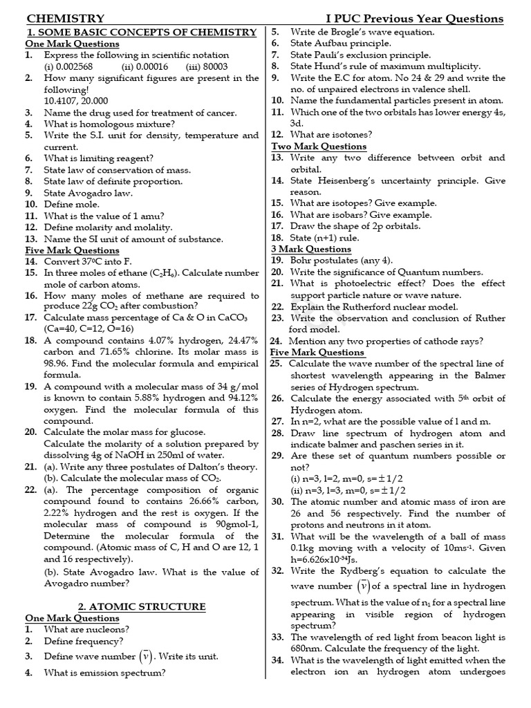 I PUC Chemistry Previous Year Questions | PDF | Chemical Bond | Atoms
