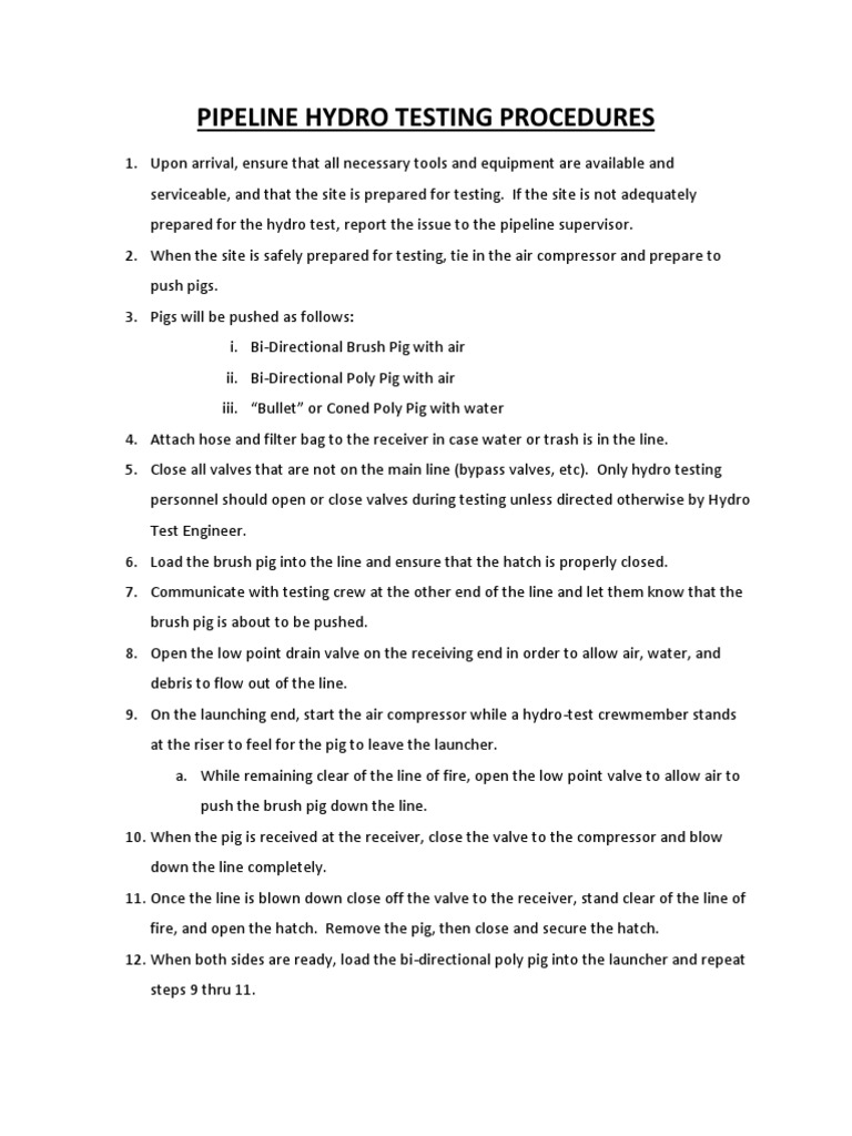 Pipeline Hydro Testing Procedures PDF Gas Technologies Mechanical