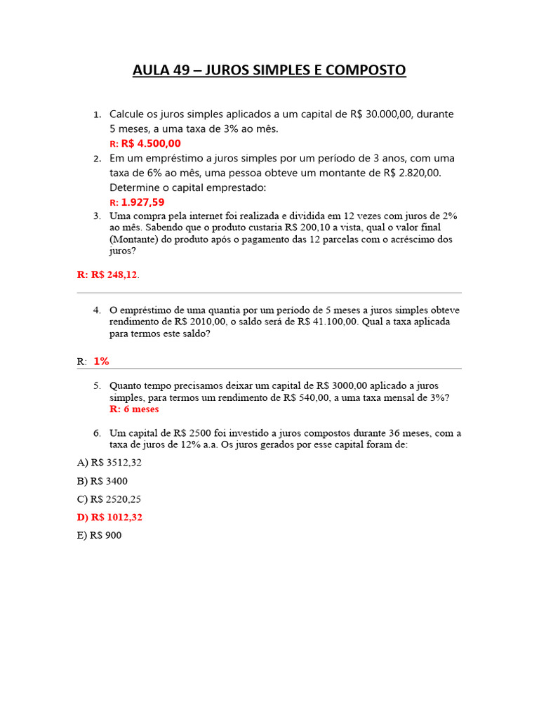 Exercícios de Juros: Simples e Compostos | PDF | Negócios | Direito