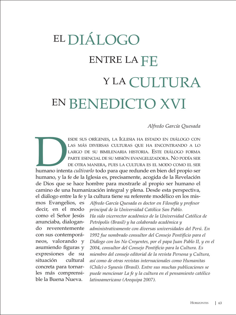 Alfredo Garcia Quesada El Dialogo Entre La Fe y La Cultura en Benedicto XVI PDF