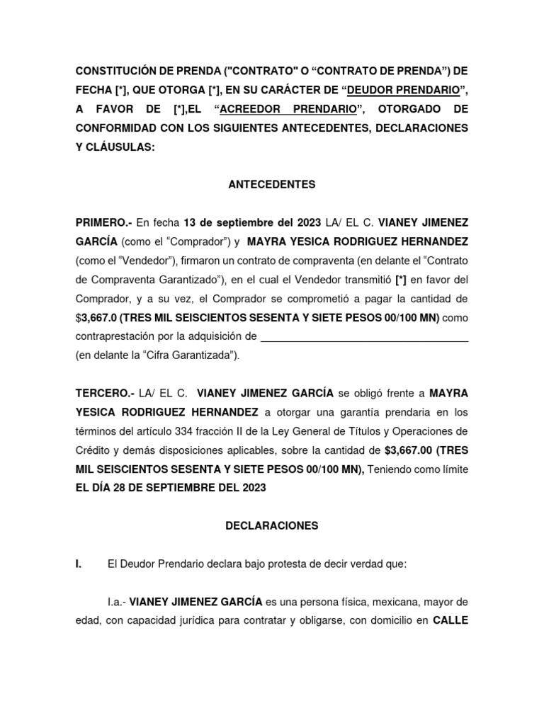Contrato de Garantía Prendaria Vianey Jimenez García | PDF | Pagos ...