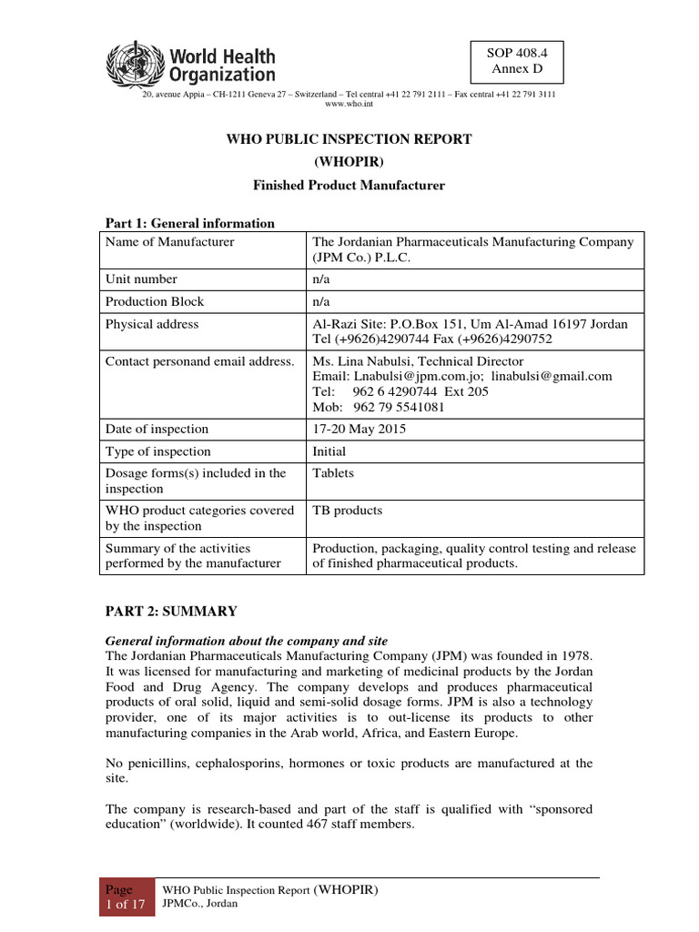 WHO Inspection Report: JPMCo. | PDF | Verification And Validation ...