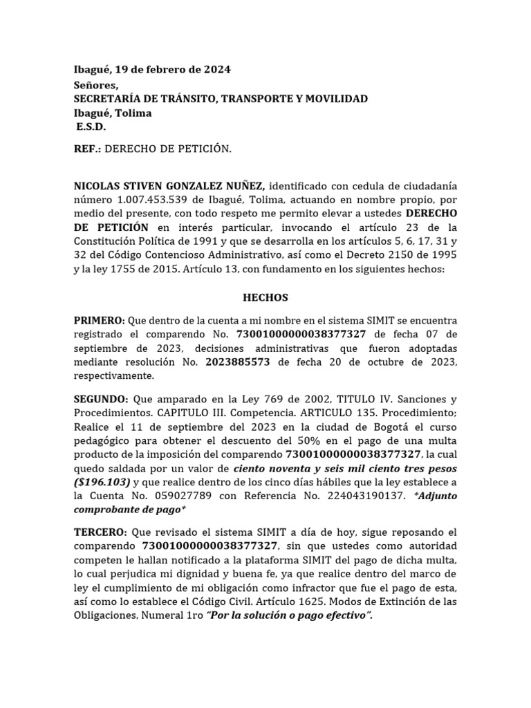 Derecho de Peticion Multa Juan Carlos Ramos Quiroz 1 | PDF | Multa ...