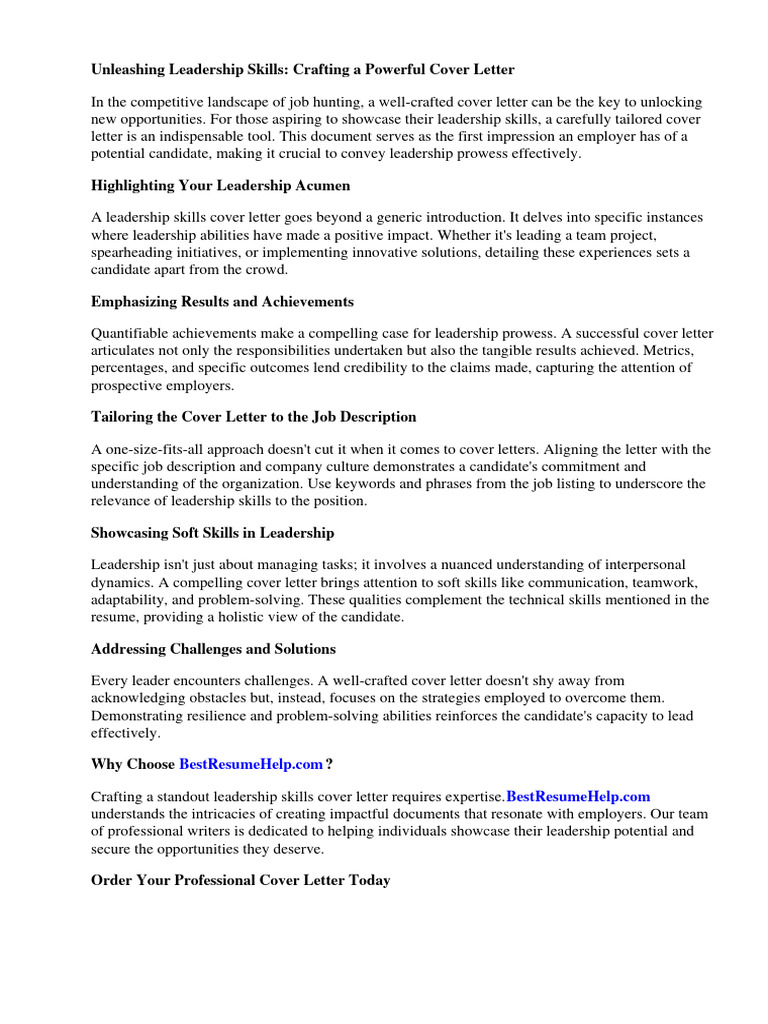 Leadership Skills Cover Letter PDF Leadership Résumé