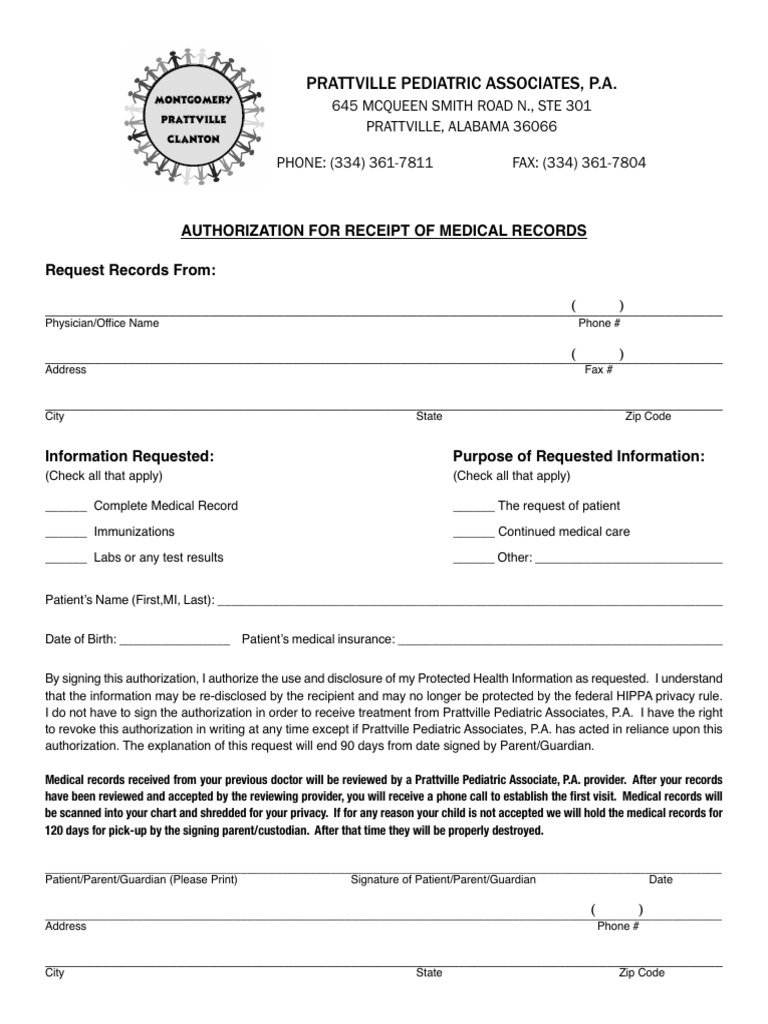 Medical Records Authorization Form | PDF | Medical Record | Pediatrics