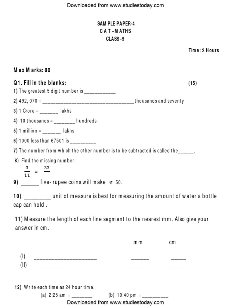 Cbse class 5 maths revision test worksheets 4 2 download free pdf