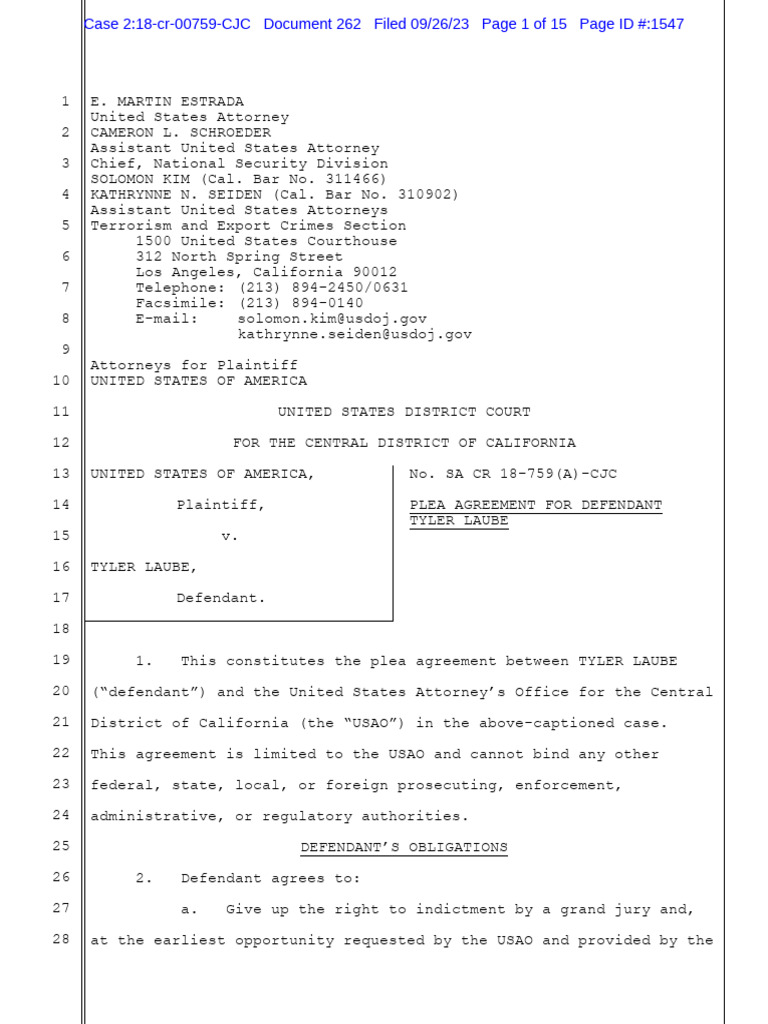 Tyler Laube Plea Agreement PDF United States Federal Sentencing