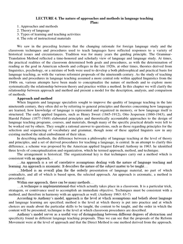 Lecture 4 The Nature Of Approaches And Methods In Language Teaching