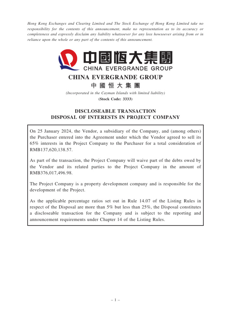 China Evergrande DISCLOSEABLE TRANSACTION DISPOSAL OF INTERESTS IN