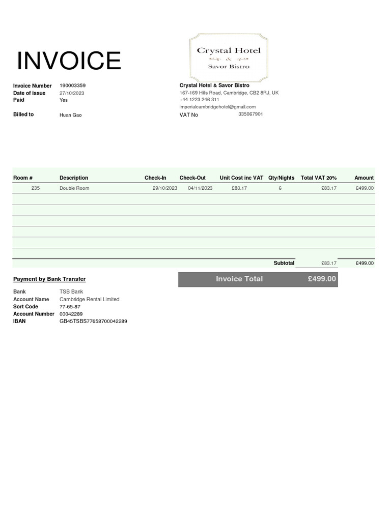 Hotel Invoice for Huan Gao | PDF
