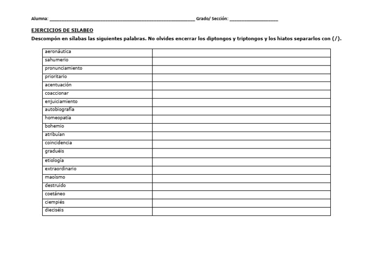 Ejercicios de Silabeo para Estudiantes | PDF
