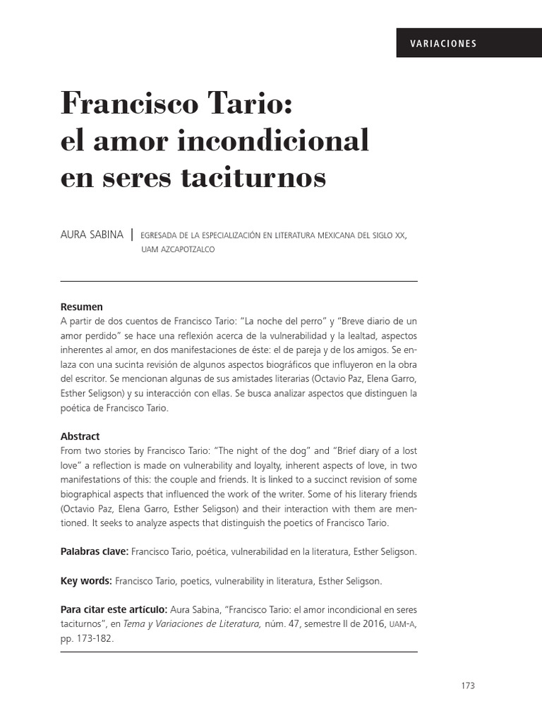 Francisco Tario - El Amor Incondicional en Seres Taciturnos | PDF | Amor