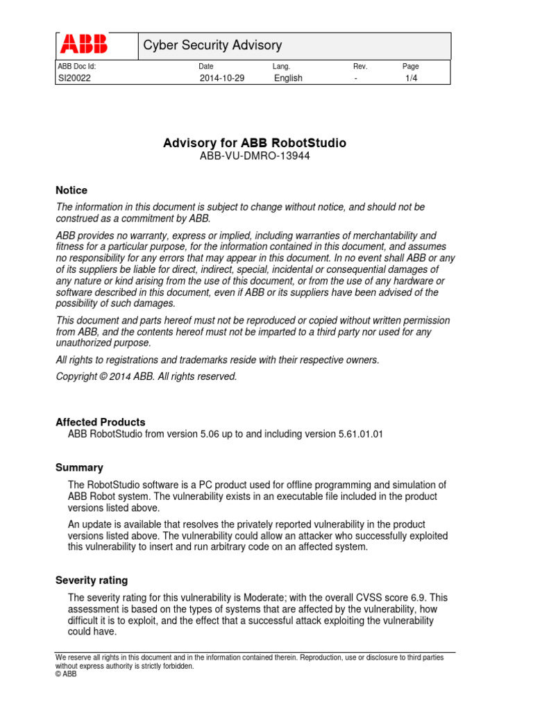 SI20022 Advisory For ABB RobotStudio ABB VU DMRO 13944 PDF