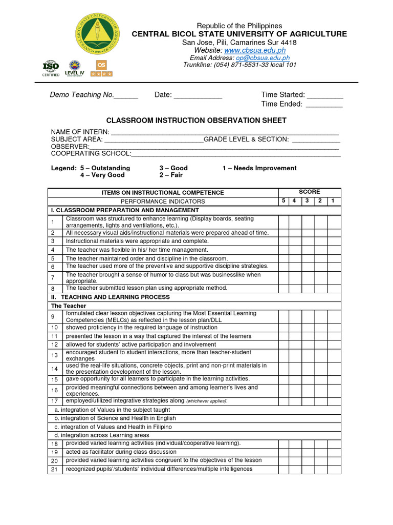 Face To Face CLASSROOM INSTRUCTIONAL OBSERVATION SHEET 1 | PDF