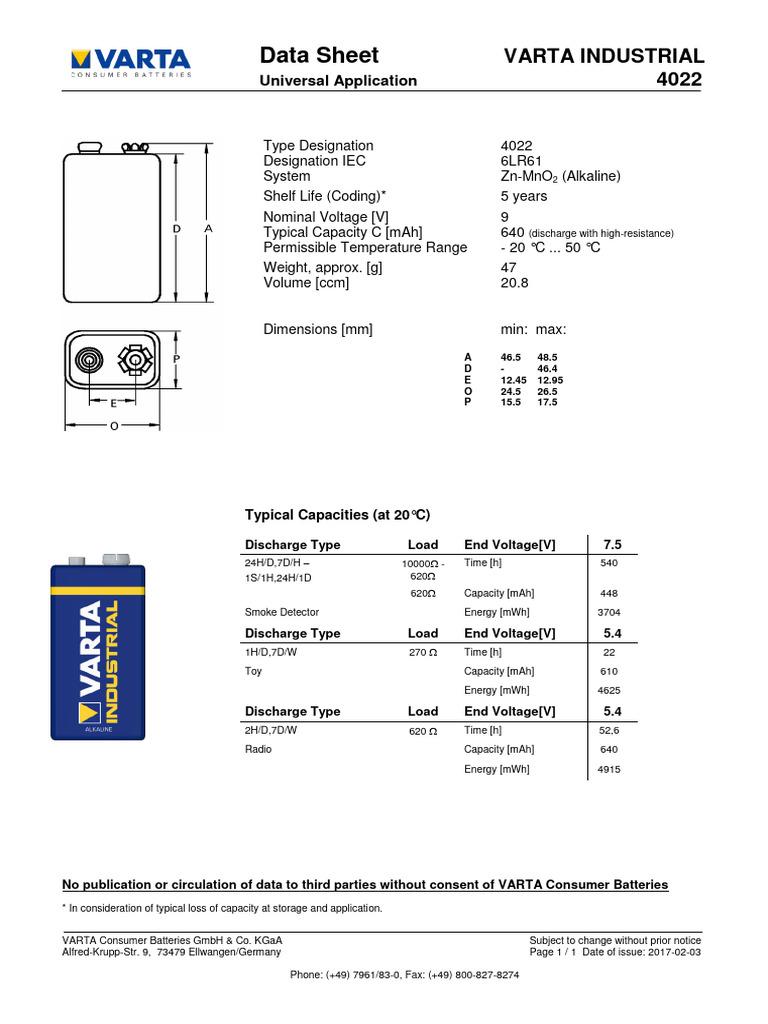 VARTA 9V Battery Data Sheet 4022 | PDF | Battery (Electricity ...
