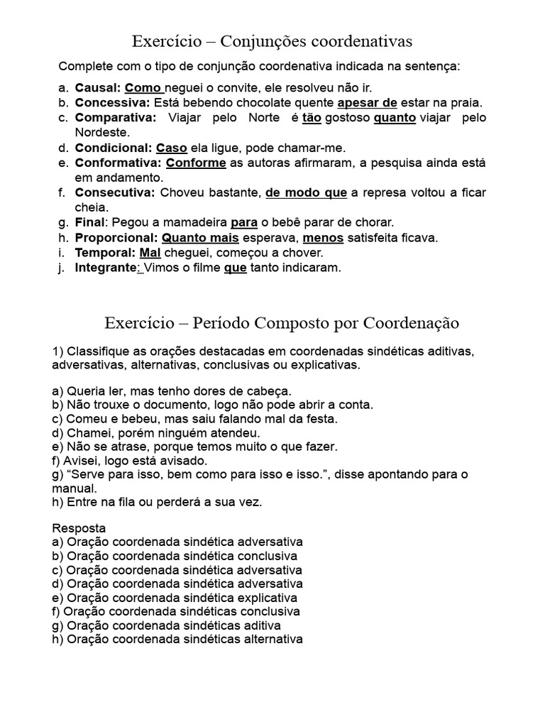 Exercícios de Conjunções Coordenativas | PDF | Carreira e Crescimento ...