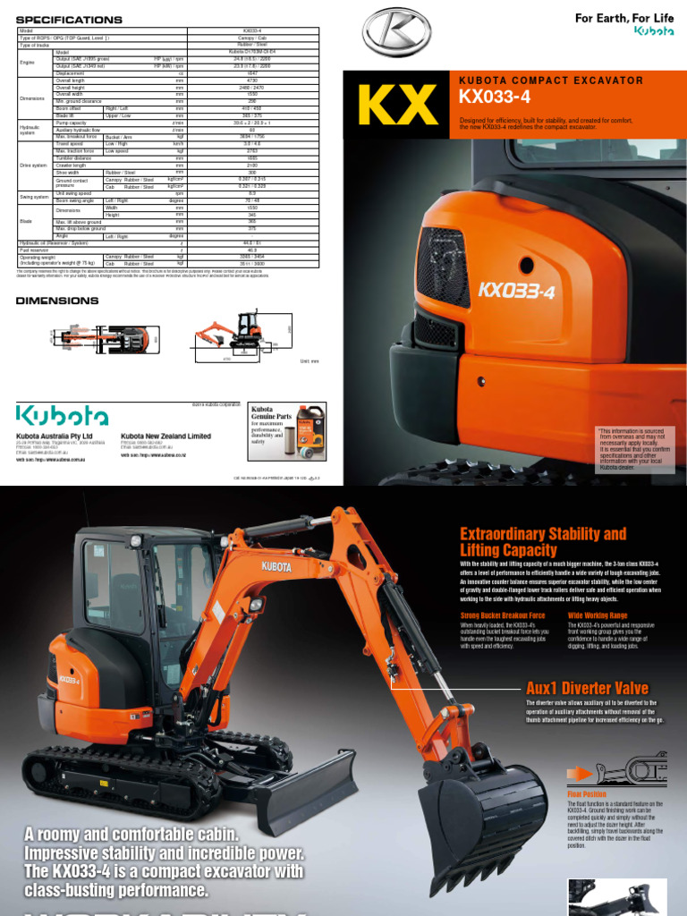 Kubota KX033-4 Compact Excavator Specs | PDF | Horsepower | Engines