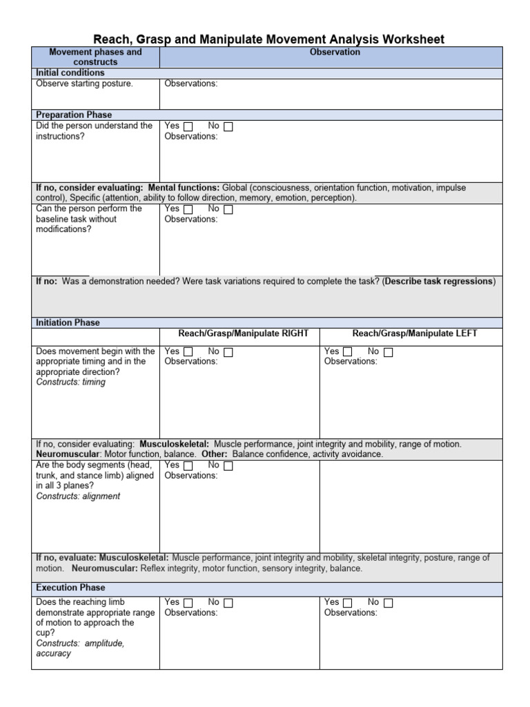 6 - Reach, Grasp and Manipulate Movement Analysis Worksheet | Download ...