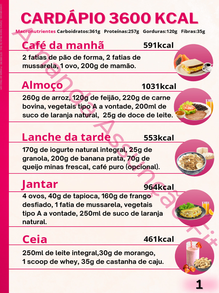Cardápio Completo de 3600 Kcal | PDF | Nutrição | Dieta e Nutrição