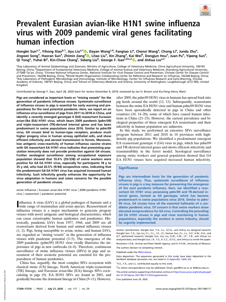 Sun 2020 - Prevalent Eurasian Avian-Like H1N1 Swine Influenza Virus ...