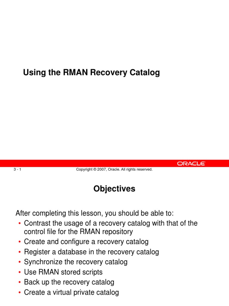 Using The RMAN Recovery Catalog PDF Oracle Database Backup
