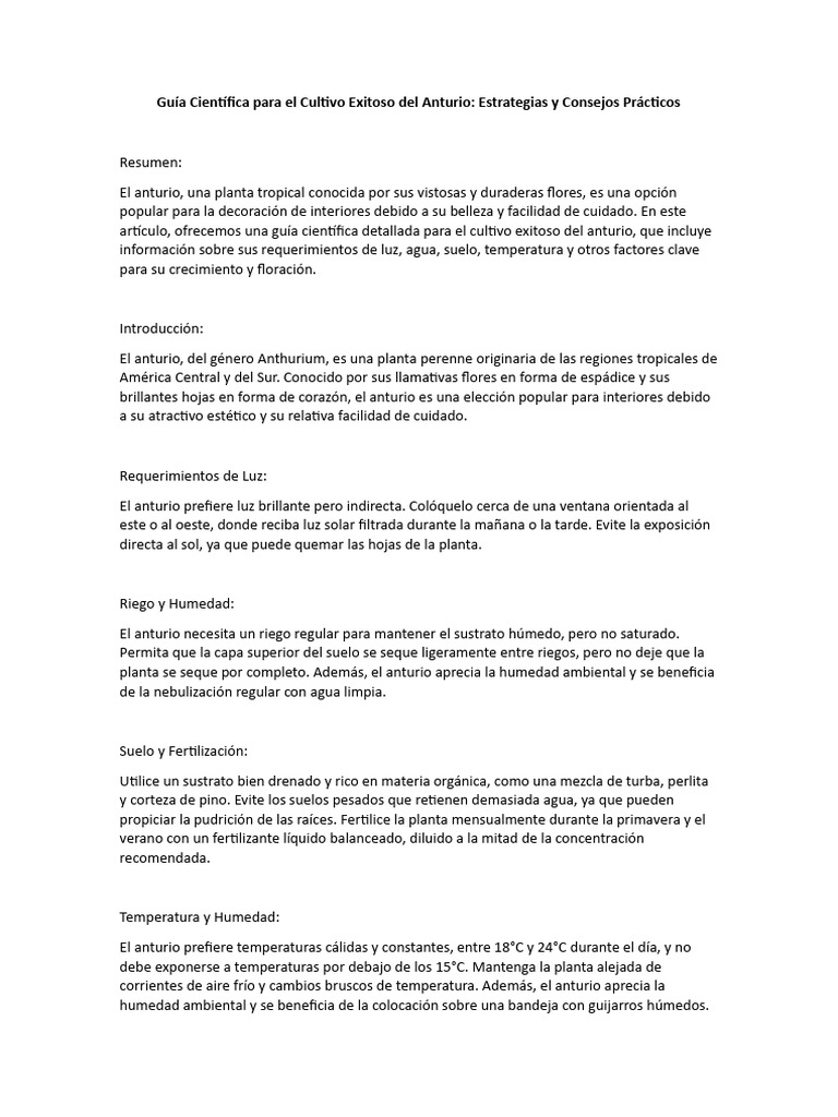 Gu a cient fica para el cultivo exitoso del anturio pdf plantas