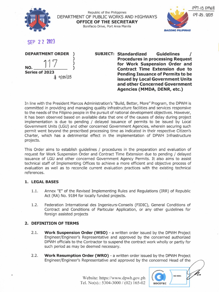 DPWH DO NO. 117 S 2023STANDARD GUIDELINES ON WORK SUSPENSION & TIME