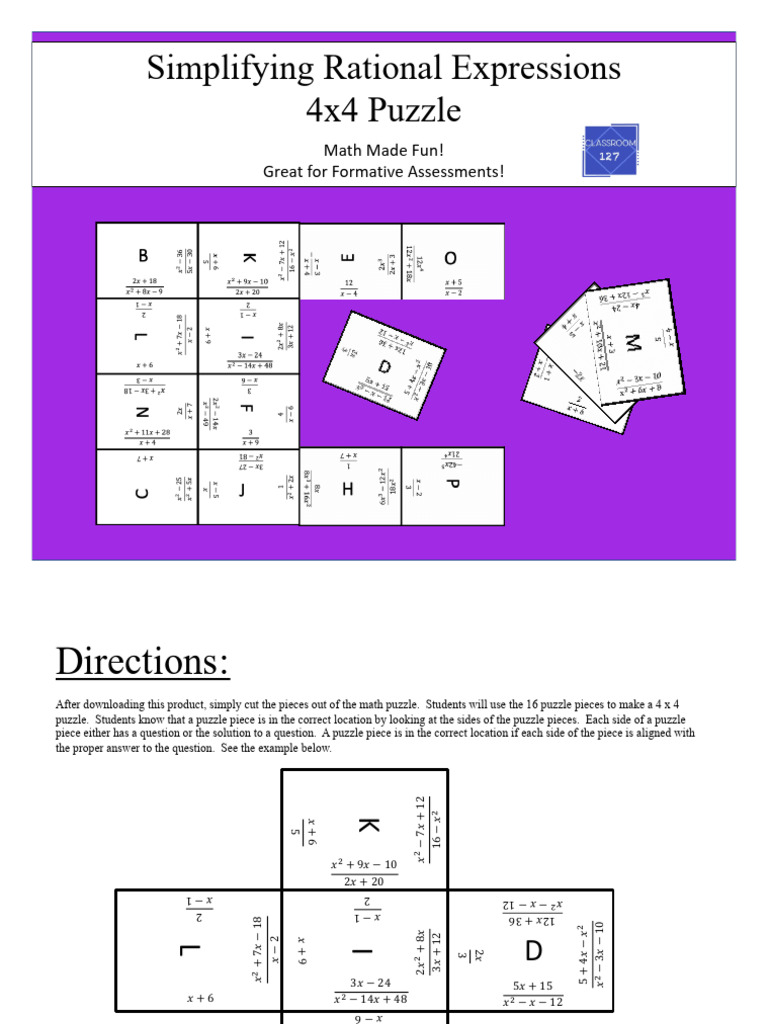 Simplifying rational expressions 4x4 puzzle math made fun great for