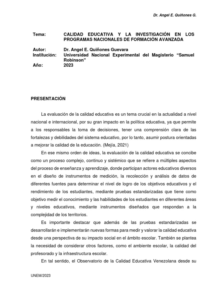 Evaluación de la Calidad Educativa 2023 | PDF | Evaluación | Plan de ...