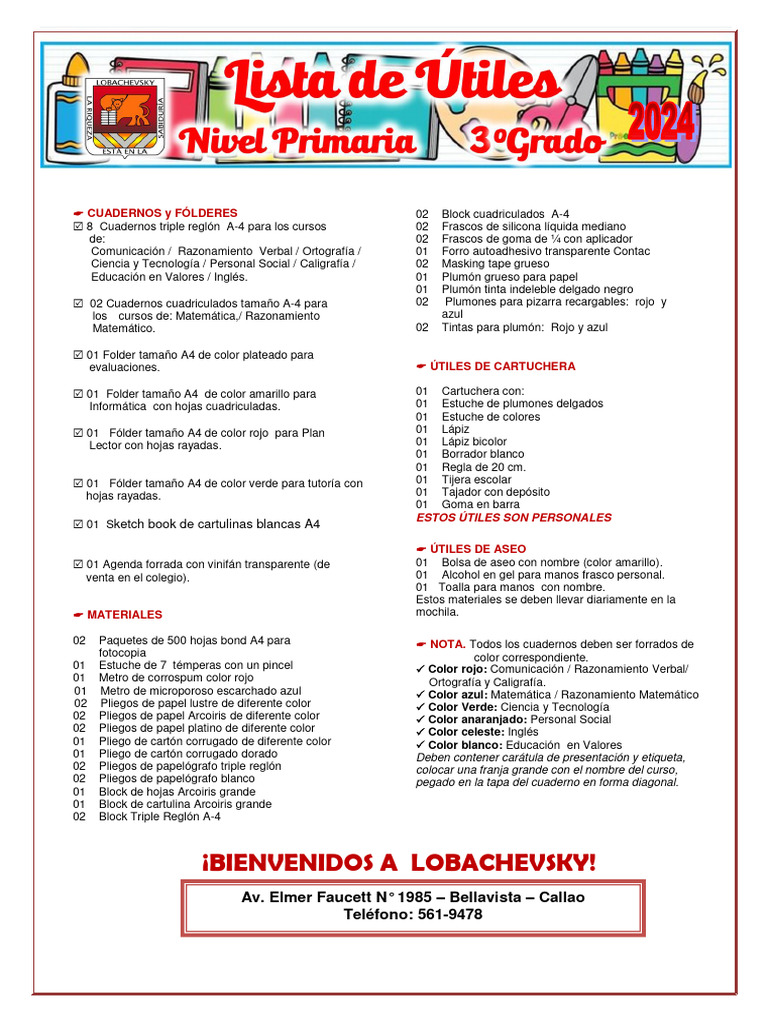 Lista Del 3 - Grado - 2024 Lobachevsky | PDF | Materiales de ...