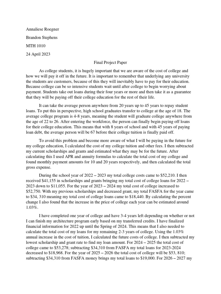 MTH 1010 Final Project Paper Annaliese Roegner 1 | PDF | Loans | Debt