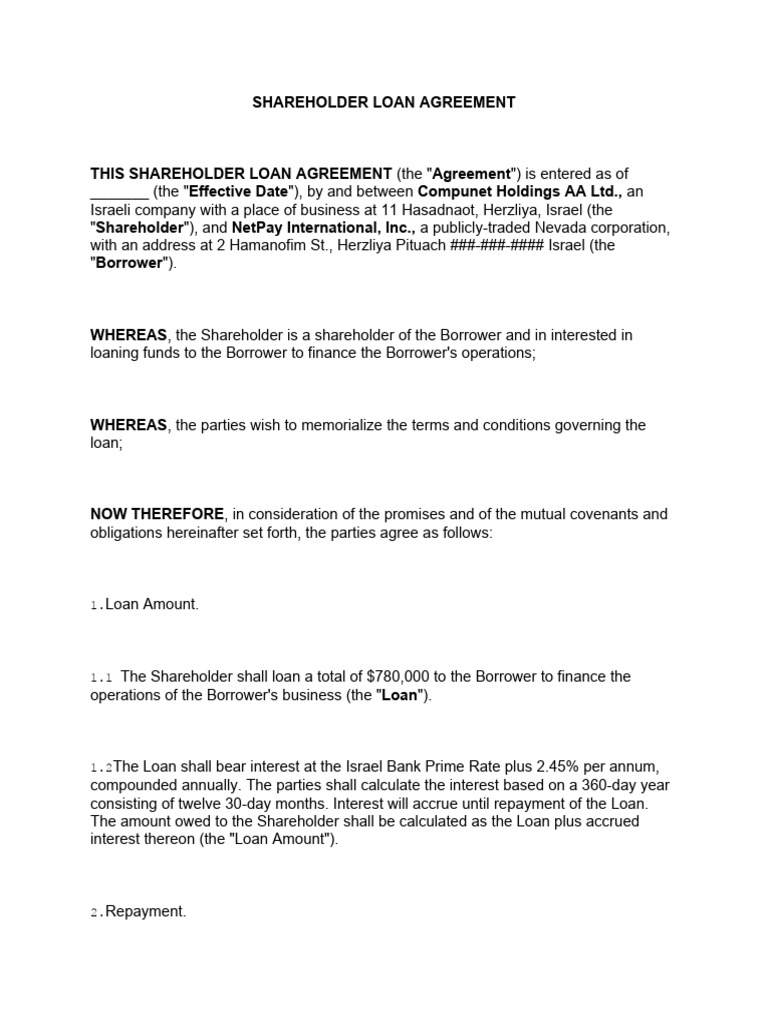 SHAREHOLDER LOAN AGREEMENT v1 | PDF | Loans | Interest