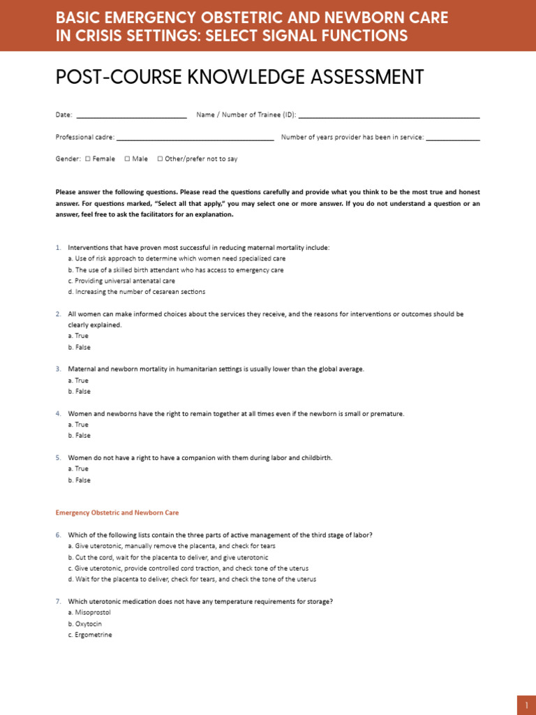 BEmONC Training Knowledge Assessment | PDF | Childbirth | Postpartum Period