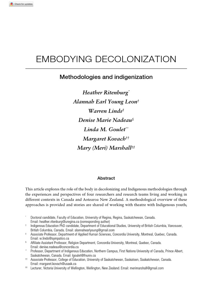 Ritenburg et al 2014 embodying decolonization methodologies and