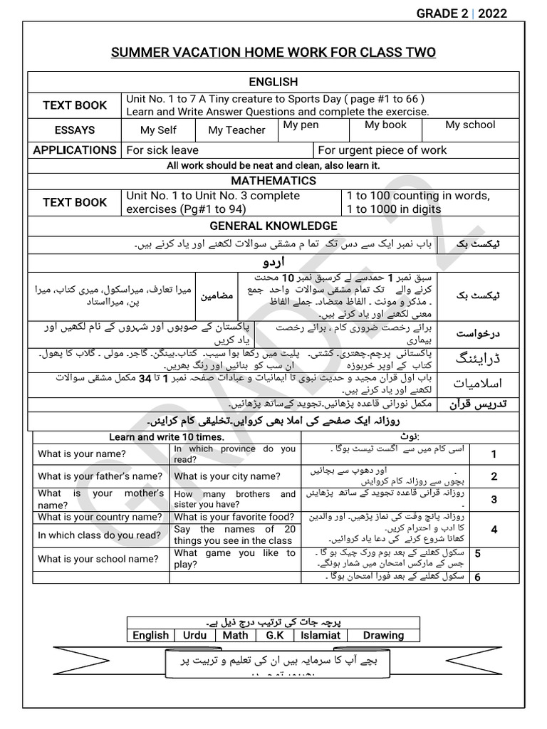 Class 2 Summer Vacation Homework | PDF