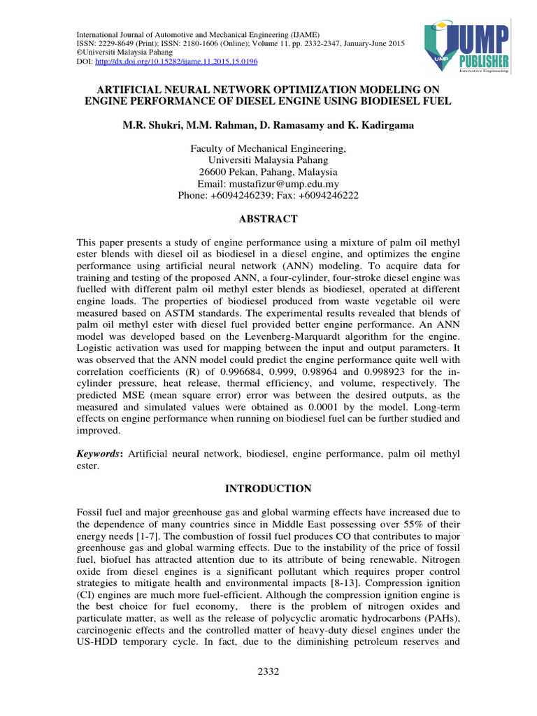 ANN Optimization of Diesel Engine Performance | PDF | Biodiesel ...