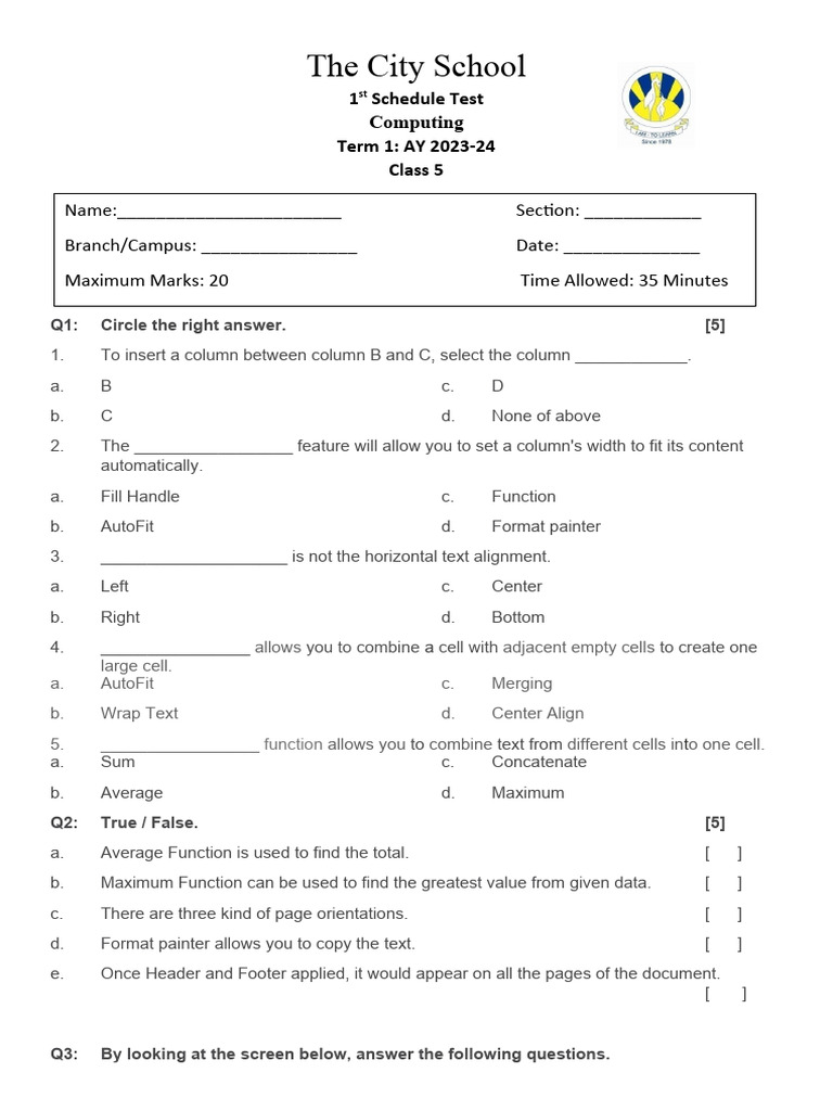 Class 5 Computing Test Term 1 2023-24 | PDF | Computing | Computer ...
