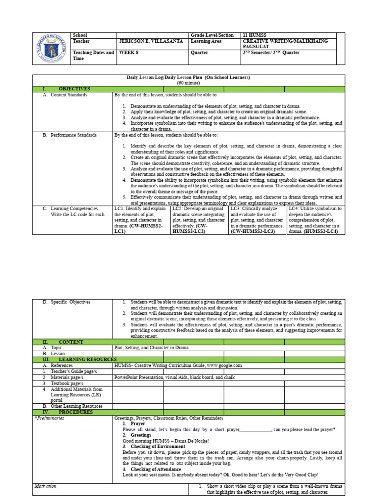 WEEK 8 Lesson Plan HUMSS 2 2nd Sem | PDF | Lesson Plan | Plot (Narrative)