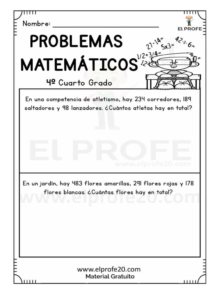 Cuadernillo de Problemas Matemáticos para Cuarto Grado Elprofe20 | PDF