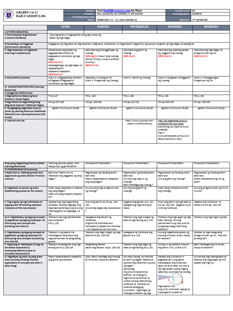 DLL - Science 3 - Q3 - W4 | PDF