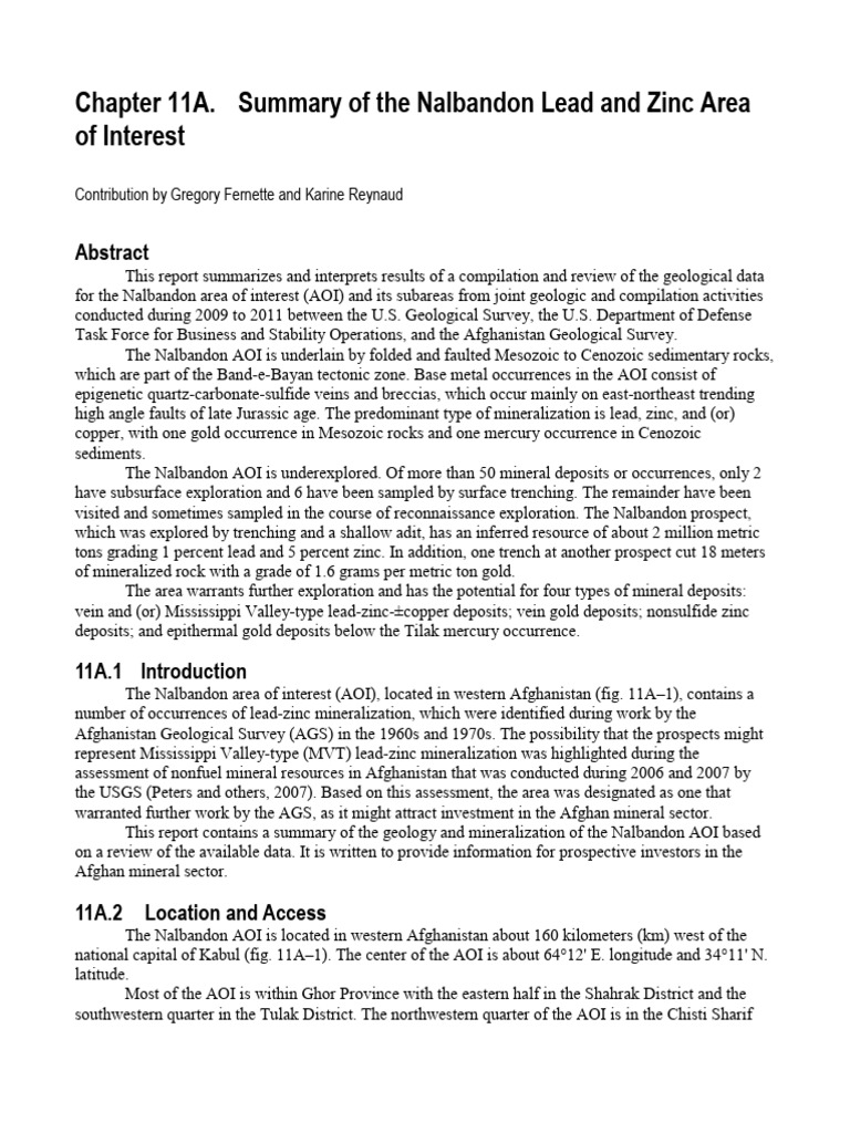 Chapter 11A. Summary of The Nalbandon Lead and Zinc Area of Interest ...