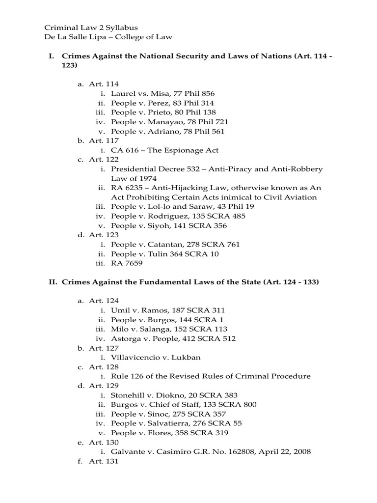 Criminal Law 2 Syllabus Pdf Separation Of Powers Philippines