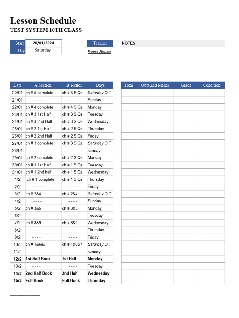 10th Class Lesson Schedule Template | PDF | Worksheet | Computing