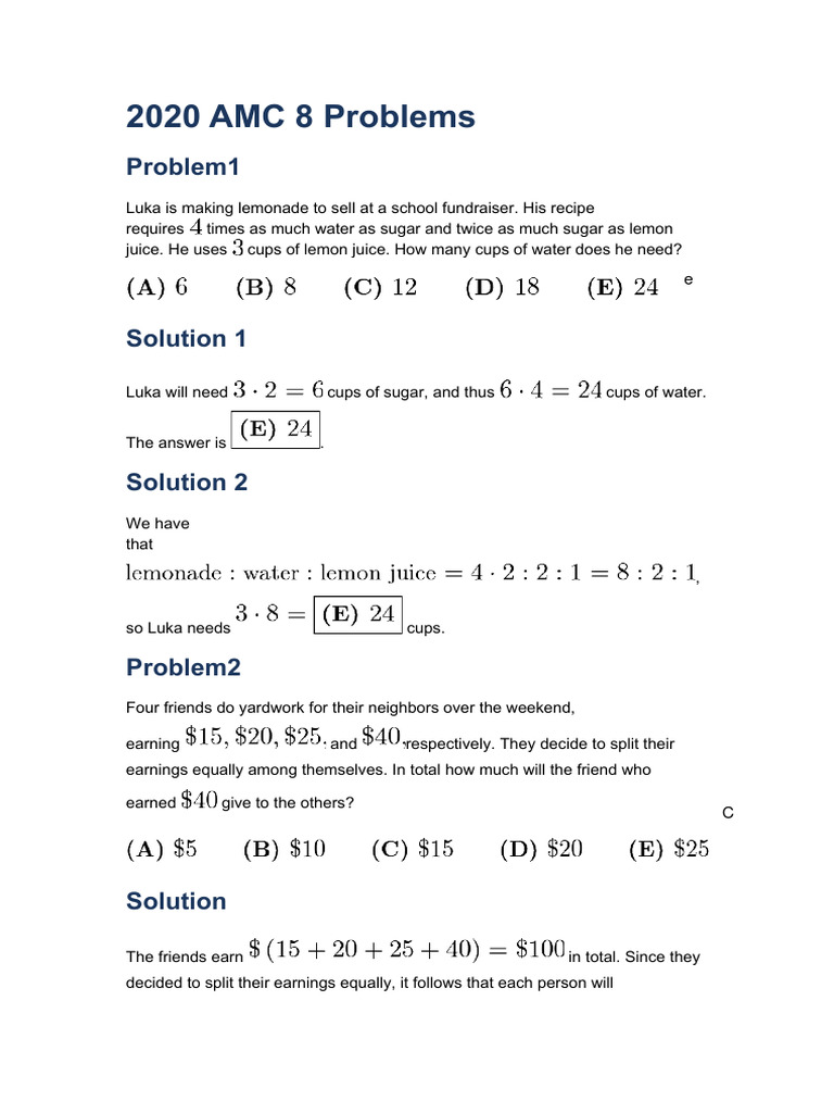 2020 AMC 8 Problems Download Free PDF Factorization Numbers