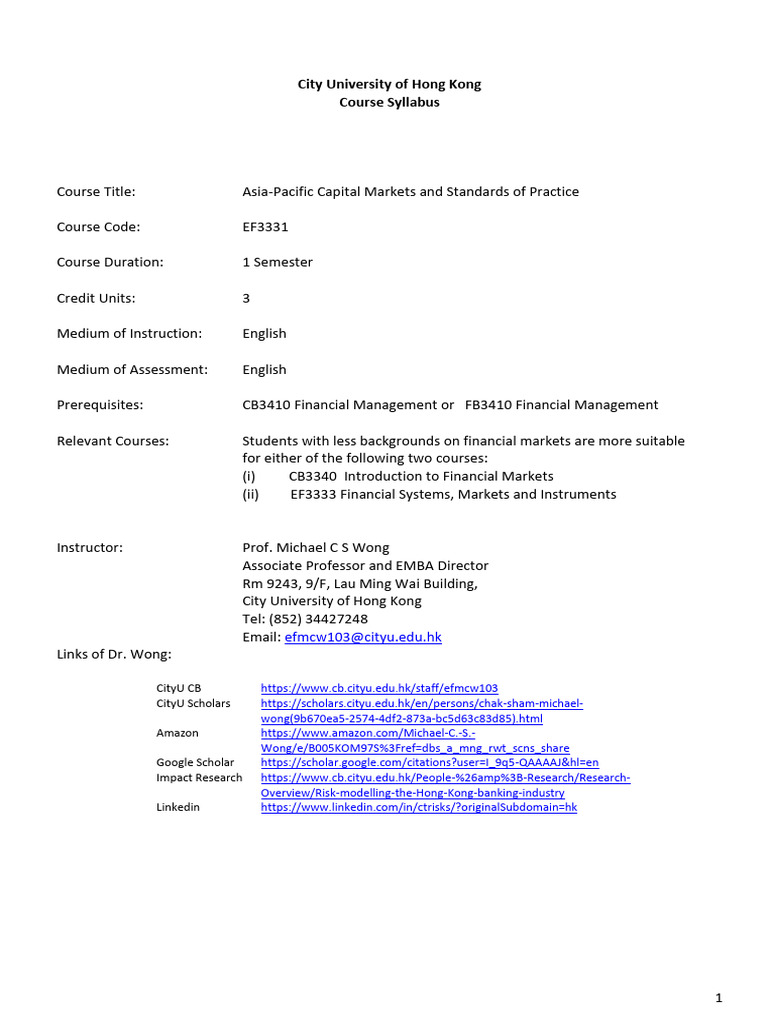 Asia-Pacific Capital Markets Course Syllabus | PDF | Foreign Exchange  Market | Business Ethics