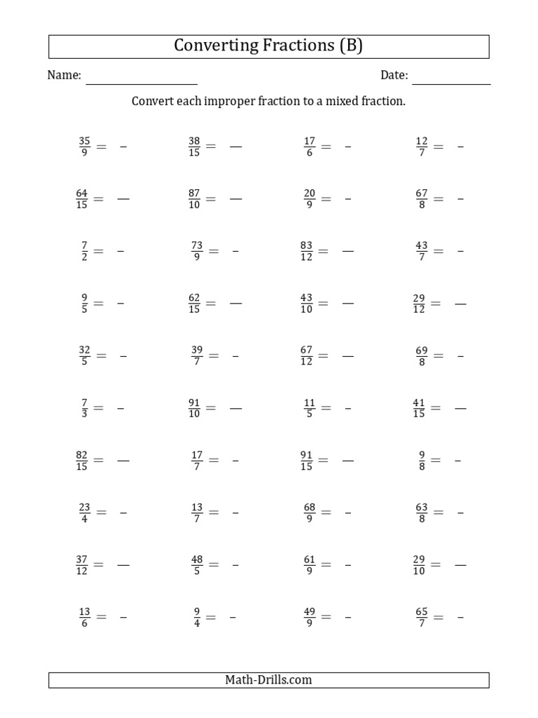 Converting Improper Fractions Worksheet | PDF | Division (Mathematics ...
