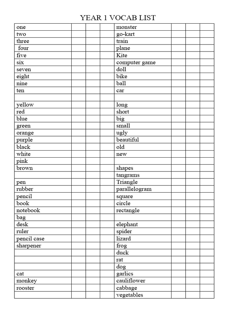 Year 1 vocab list pdf