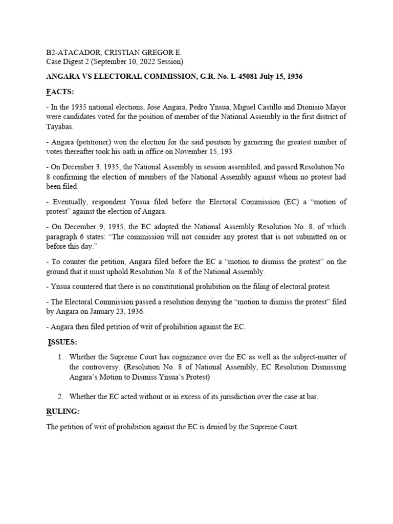 Angara VS The Electoral Commission Final | PDF | Jurisdiction | Supreme ...