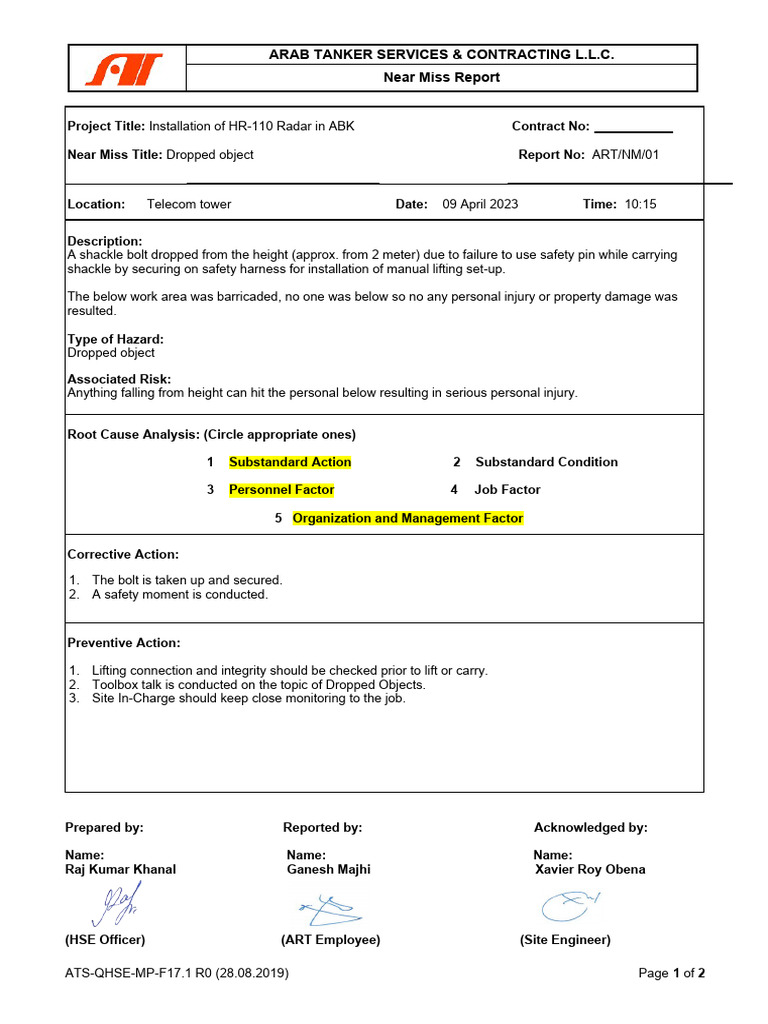 Dropped Object Near Miss Report | PDF | Occupational Safety And Health ...